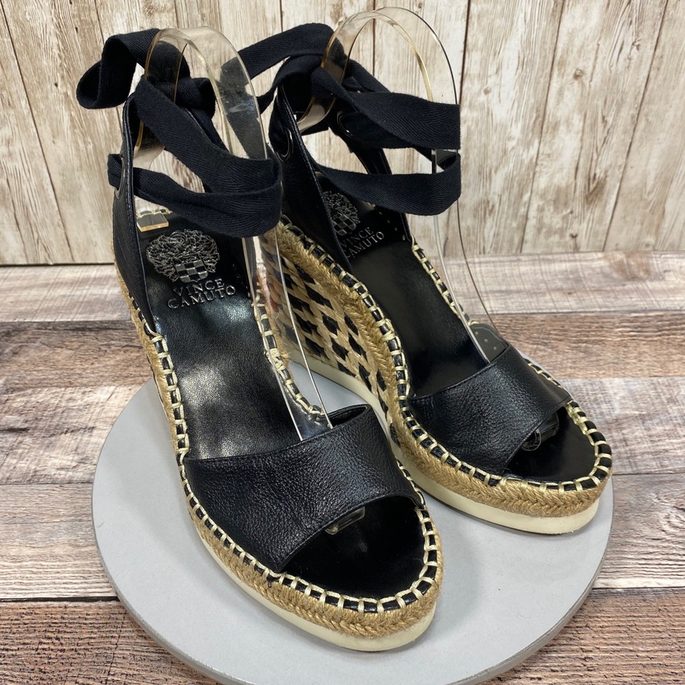 Vince Camuto Bendsen Black/Natural Leather Raffia Platform Wedges Size 6.5 M